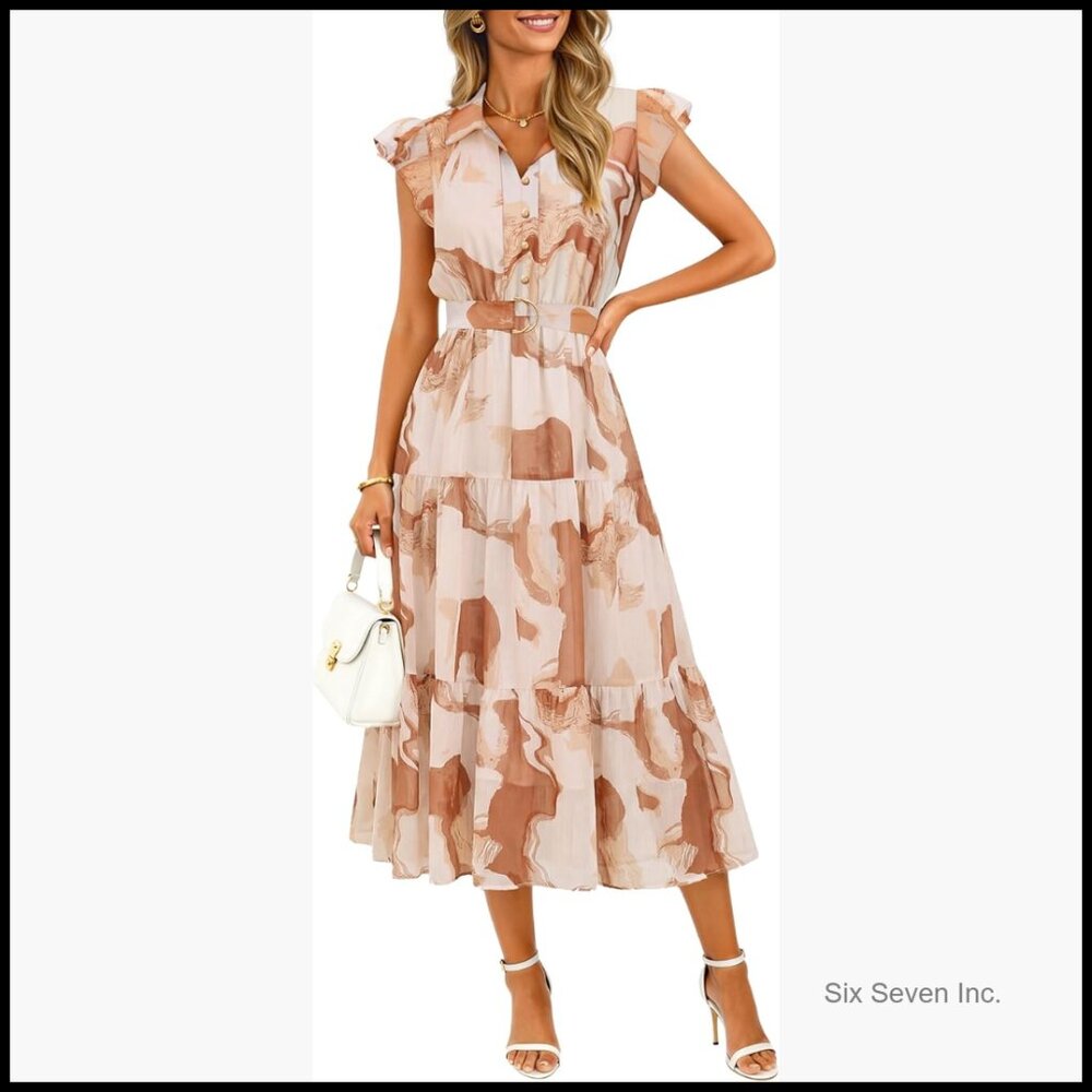 Polyester Chiffon Floral Midi Dress With Button Front And Ruffled Sleeves